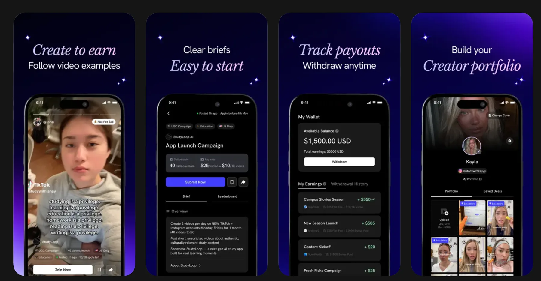 Vizzy Creators public App Store screens showing briefs, earnings, and portfolio workflows